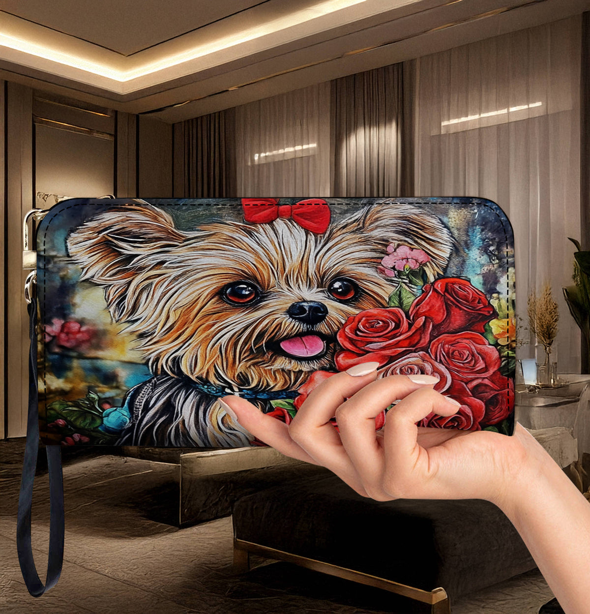 Lorva Leather Wallet Happiness is a Yorkie & Flowers