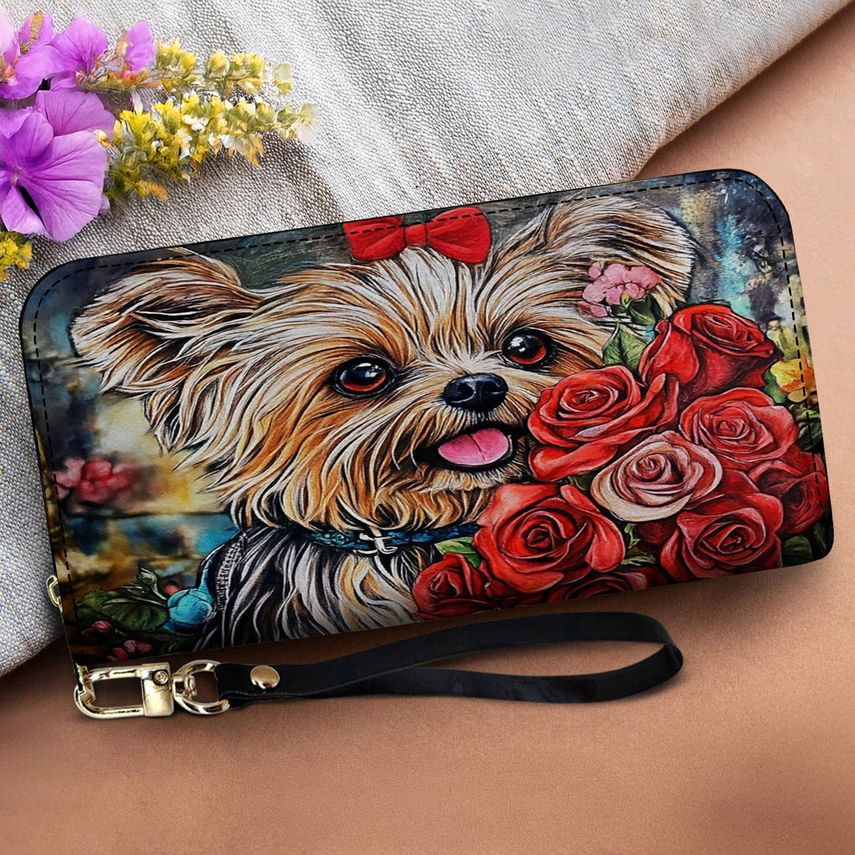 Lorva Leather Wallet Happiness is a Yorkie & Flowers