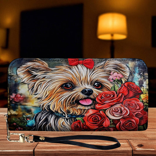 Lorva Leather Wallet Happiness is a Yorkie & Flowers