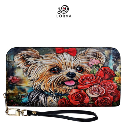 Lorva Leather Wallet Happiness is a Yorkie & Flowers