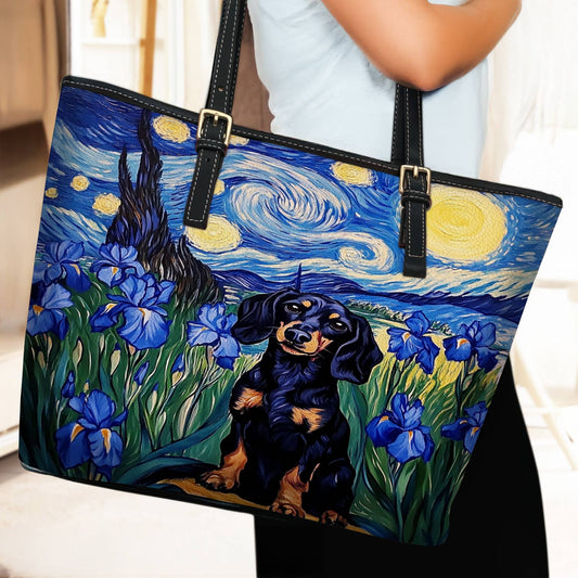 Lorva Leather Tote Bag Irish Starry Night Dachshund Delight