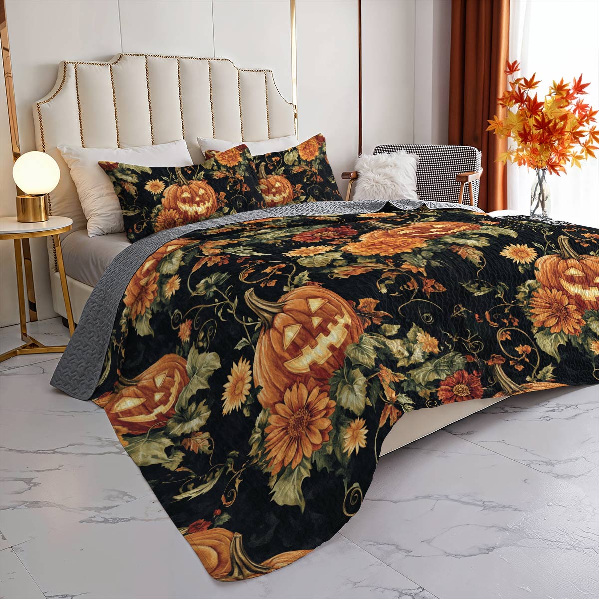 Halloween Lorva All Season Quilt 3-Piece Set Midnight Pumpkin Bloom