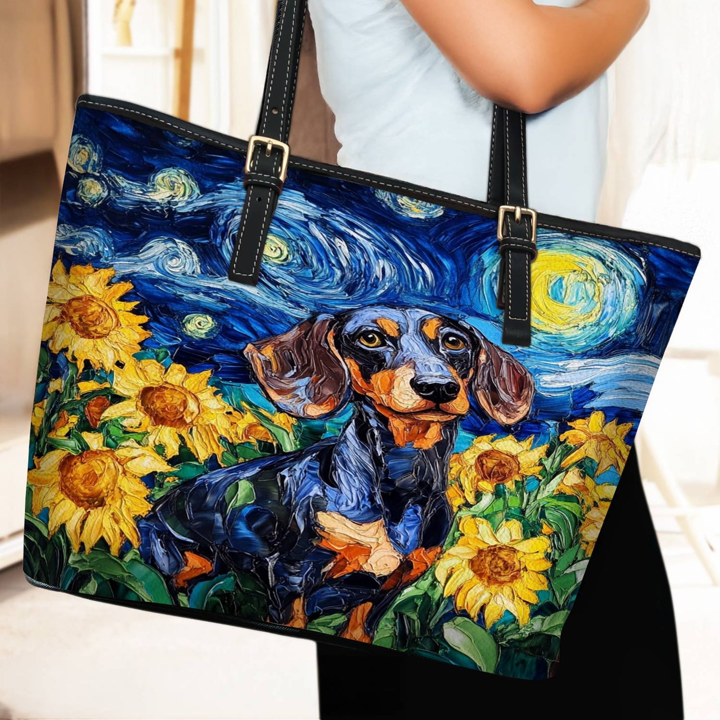 Lorva Leather Tote Bag Sunflowers & Starry Sky Dachshund