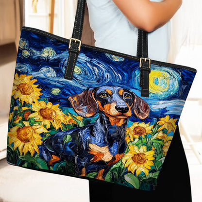 Lorva Leather Tote Bag Sunflowers & Starry Sky Dachshund