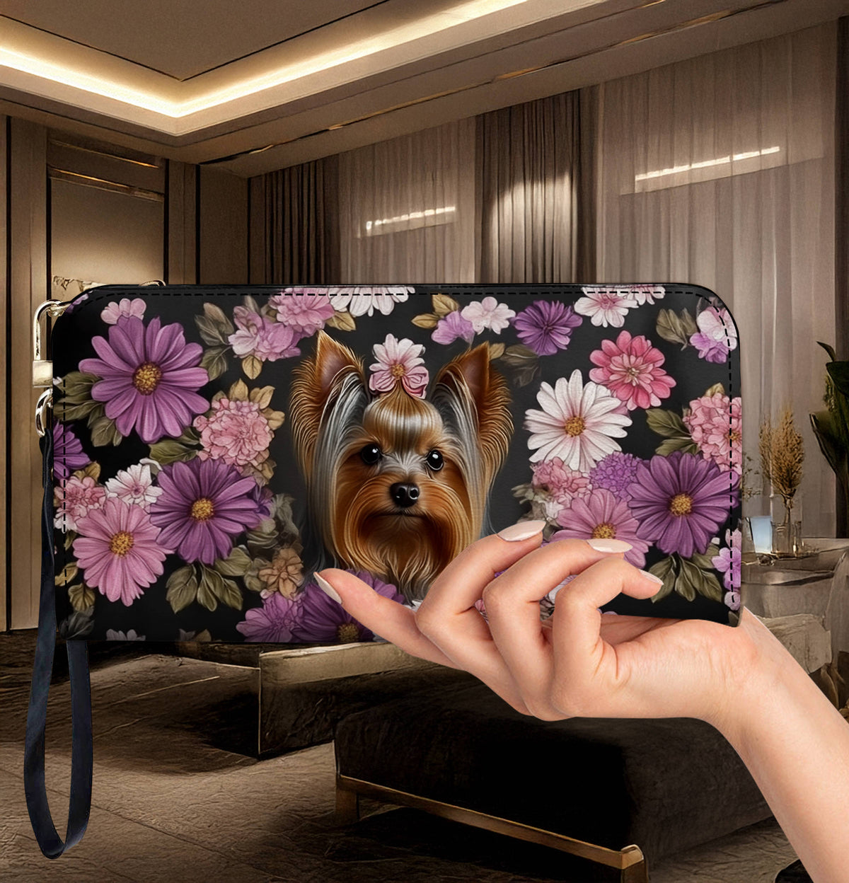 Lorva Leather Wallet Yorkie Charm, Floral Grace