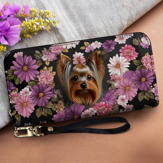Lorva Leather Wallet Yorkie Charm, Floral Grace