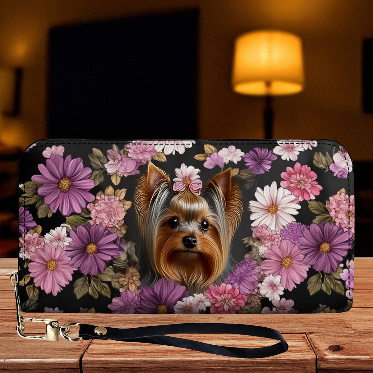 Lorva Leather Wallet Yorkie Charm, Floral Grace