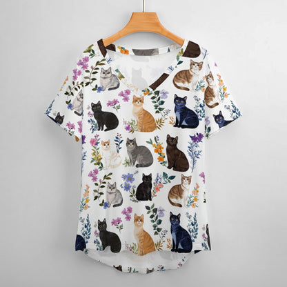 Cat V Neck Short-sleeve Women Shirt Charming Floral Cats