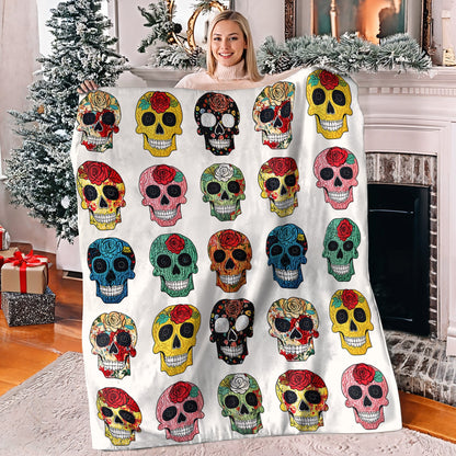 Lorva Fleece Blanket Colorful Sugar Skull Roses