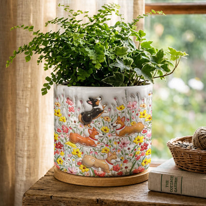 Lorva Corgi Flat Print Ceramic Plant Pot Cute Field Flowers