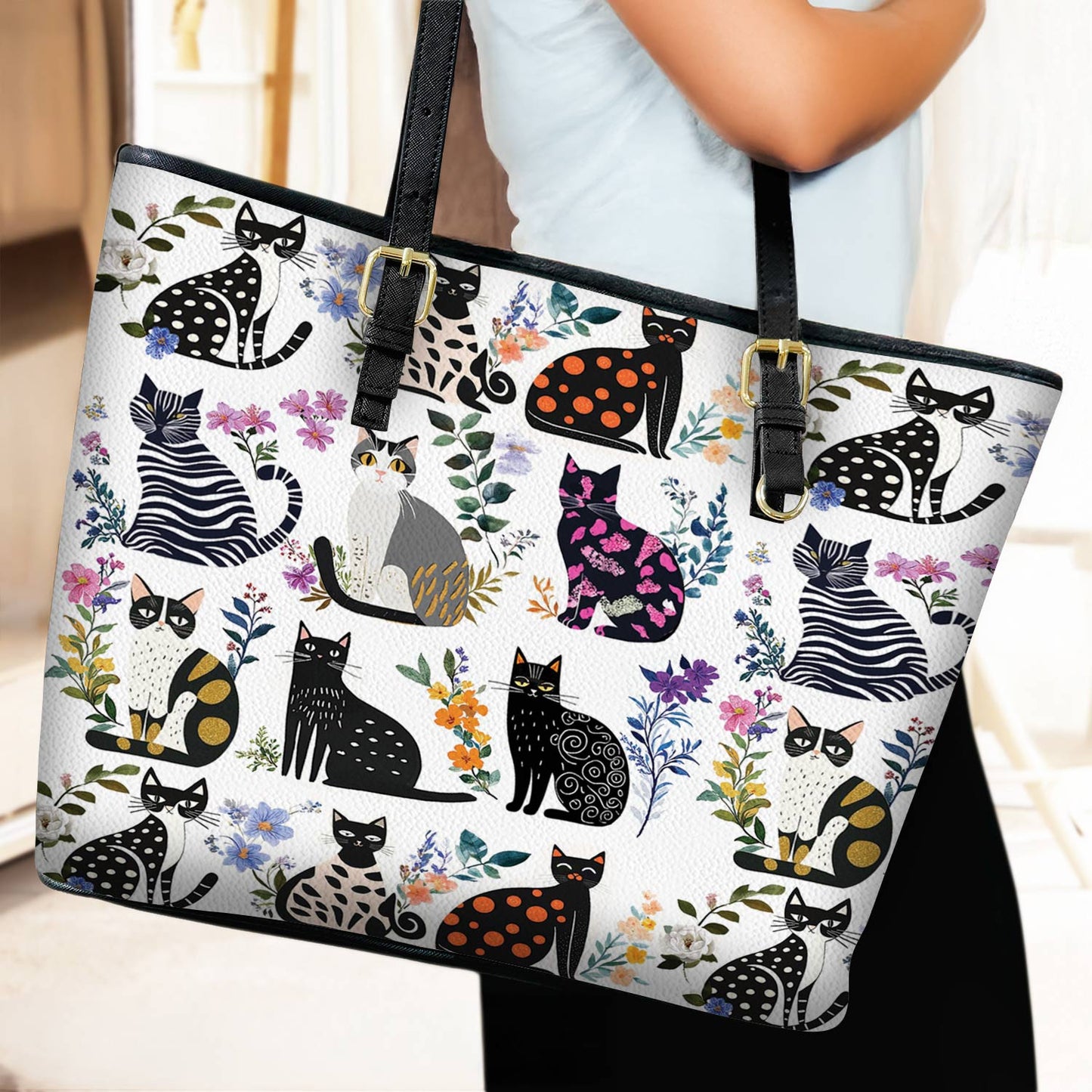 Lorva Leather Tote Bag Enchanted Cat Garden
