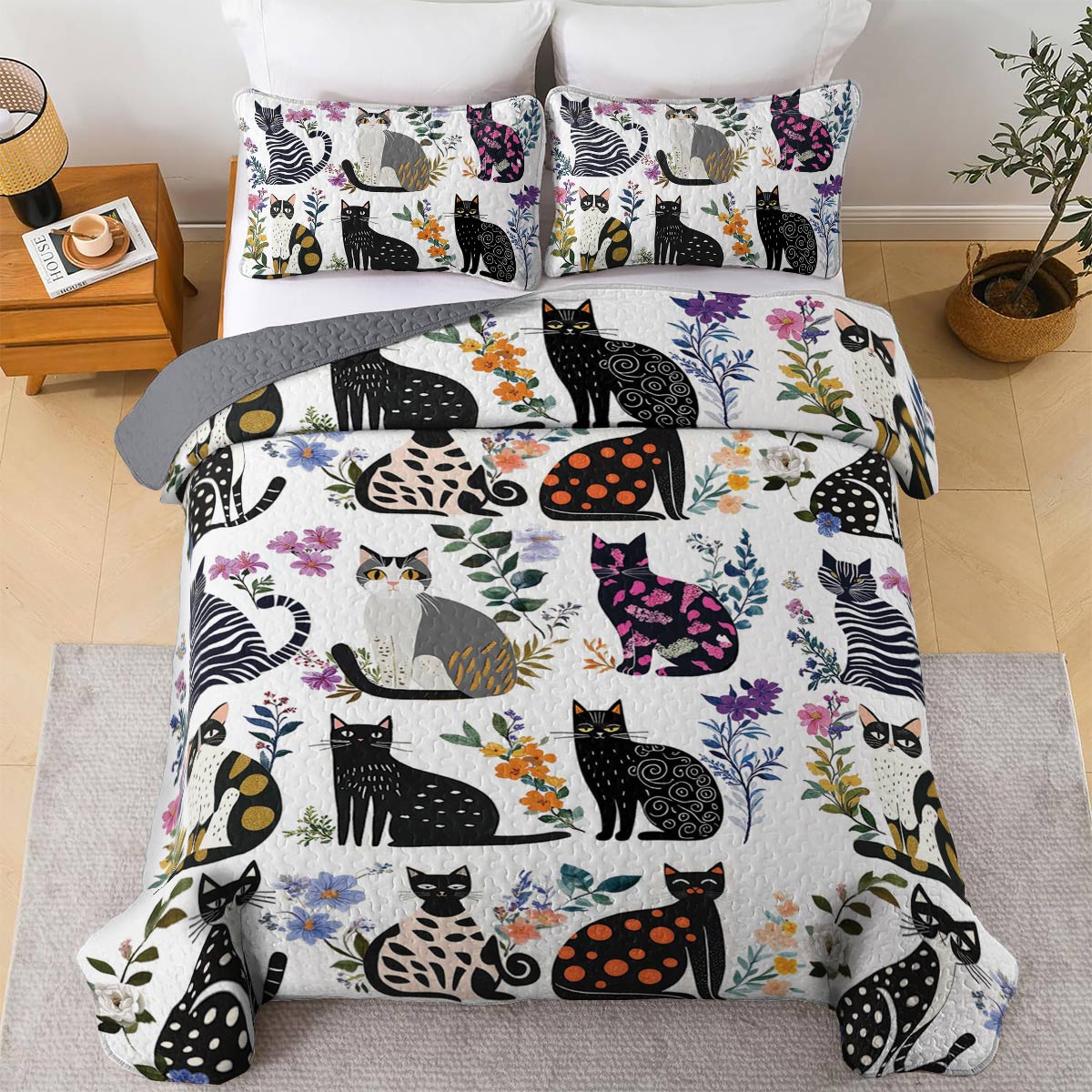 Lorva All Season Quilt 3-Piece Set Enchanted Cat Garden