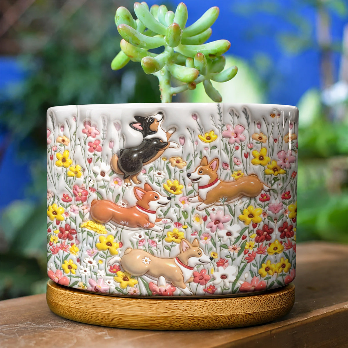 Lorva Corgi Flat Print Ceramic Plant Pot Cute Field Flowers