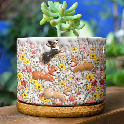 Lorva Corgi Flat Print Ceramic Plant Pot Cute Field Flowers