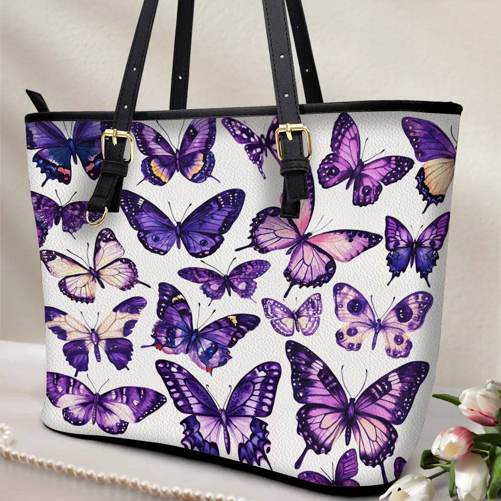 Lorva Leather Tote Bag Purple Butterfly Garden