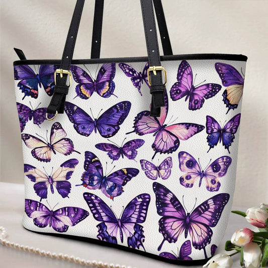Lorva Leather Tote Bag Purple Butterfly Garden