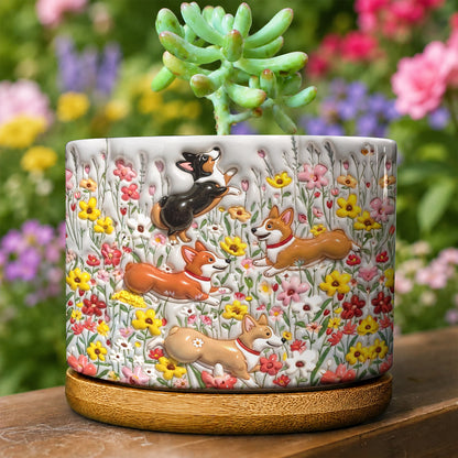 Lorva Corgi Flat Print Ceramic Plant Pot Cute Field Flowers