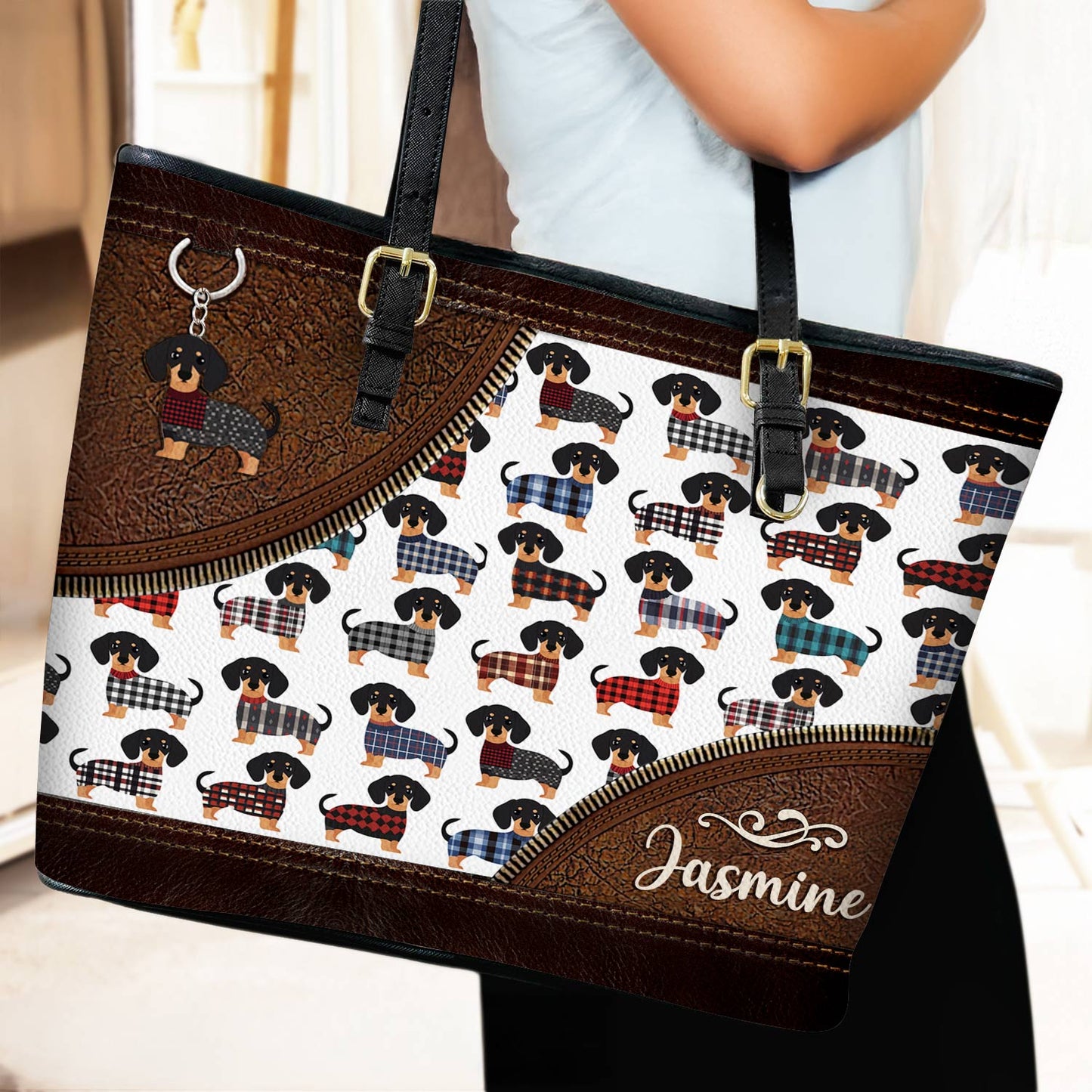 Lorva Personalized Leather Tote Bag Amazing Flannel Dachshund
