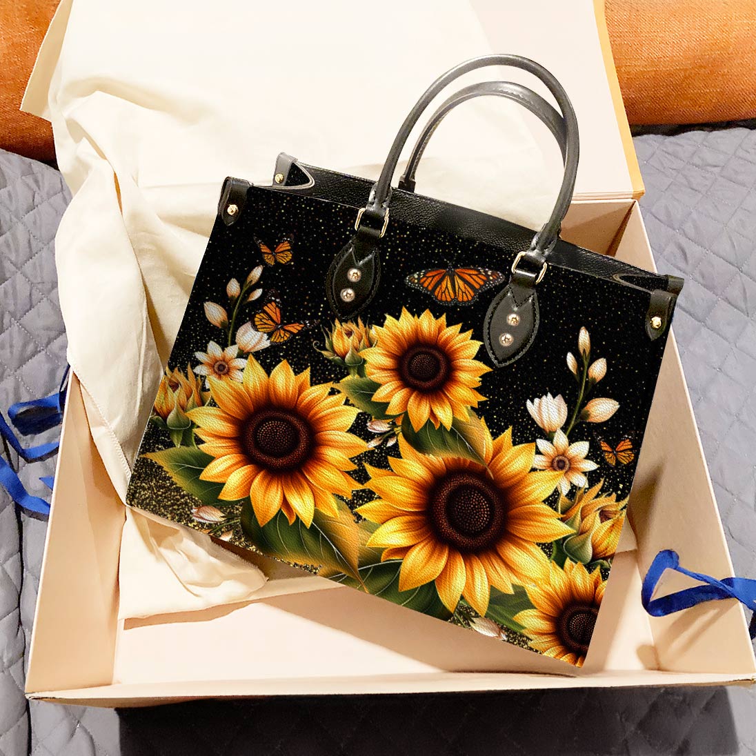 Lorva Leather Bag Golden Sunflower with Monarch Charm