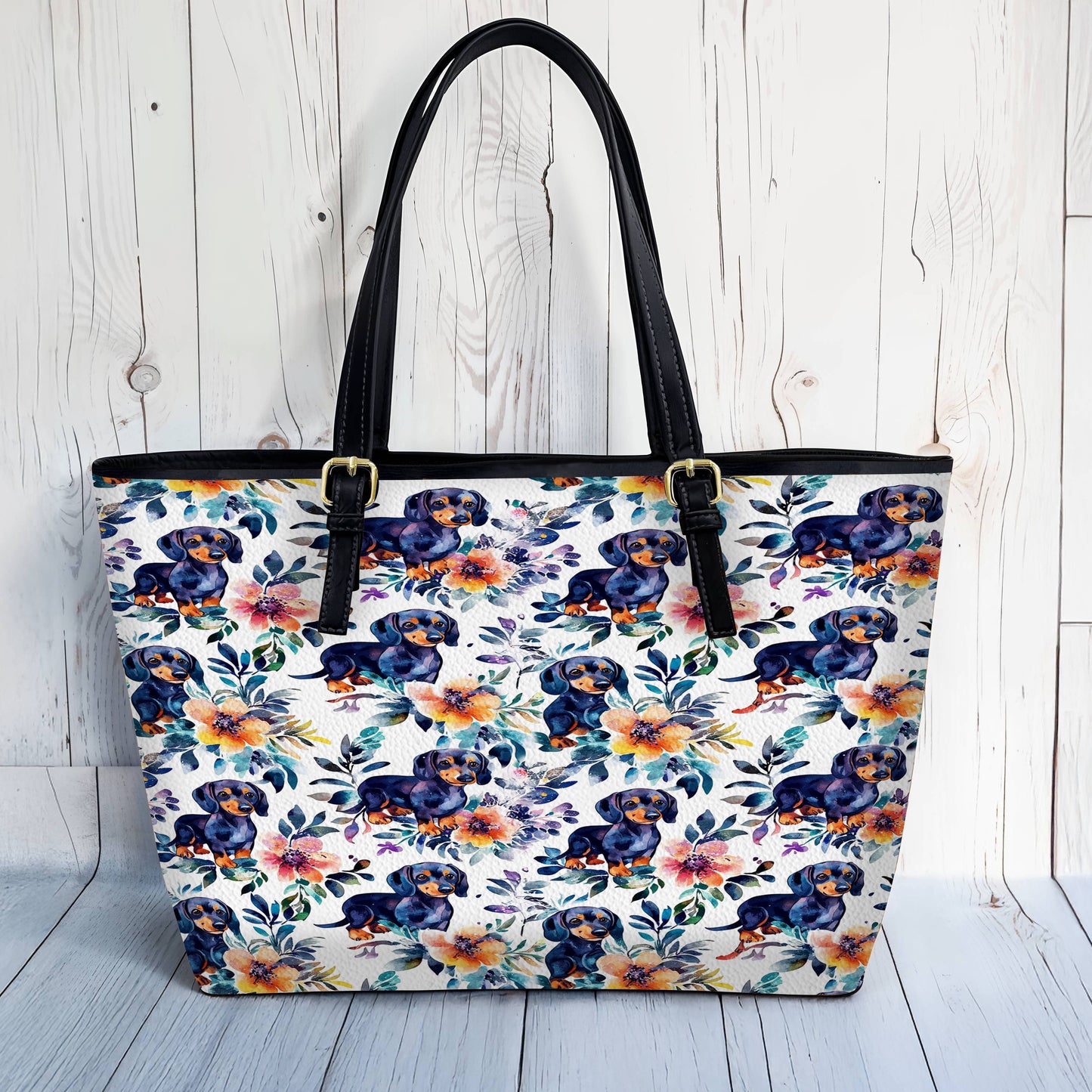 Lorva Leather Tote Bag Dachshund Blooms