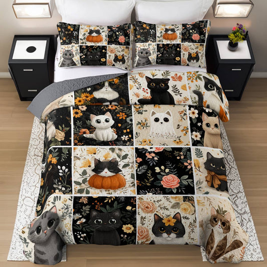 Lorva All Season Quilt 3-Piece Set Autumn Floral Cats