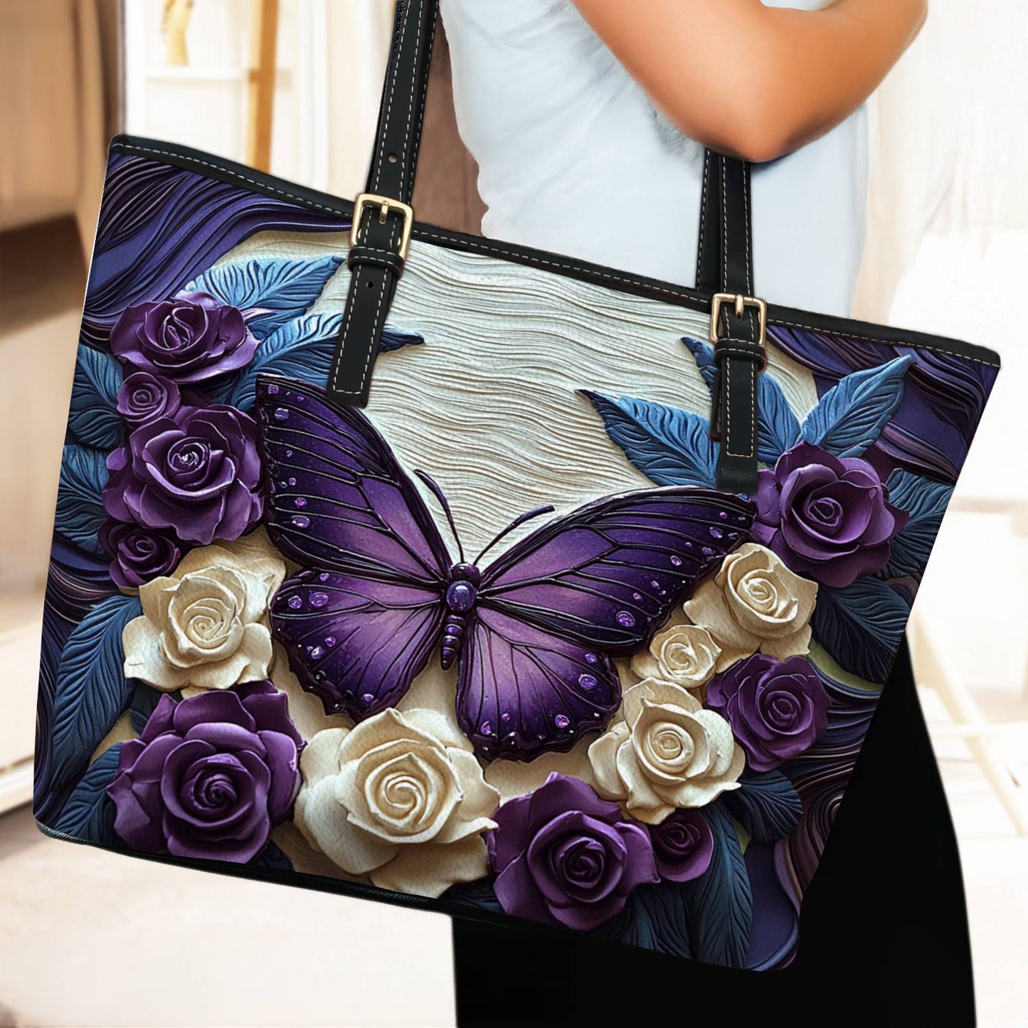 Lorva Butterfly Leather Tote Bag Rose & Butterfly Elegance
