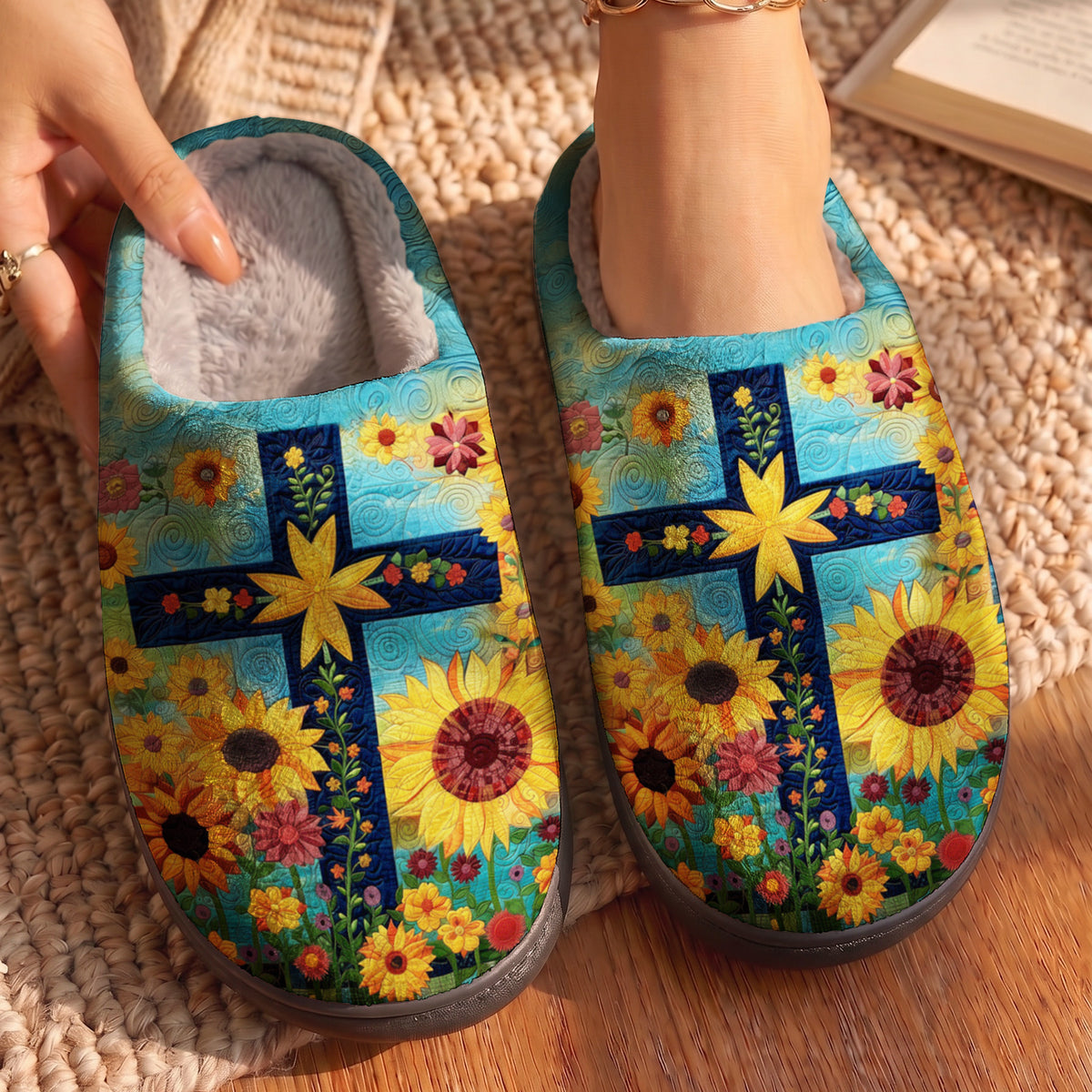 Lorva Sunflower Fleece Lined Slippers Faith Hope Sunshine