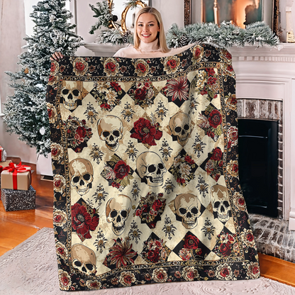 Lorva Fleece Blanket  Elegant Skull Roses