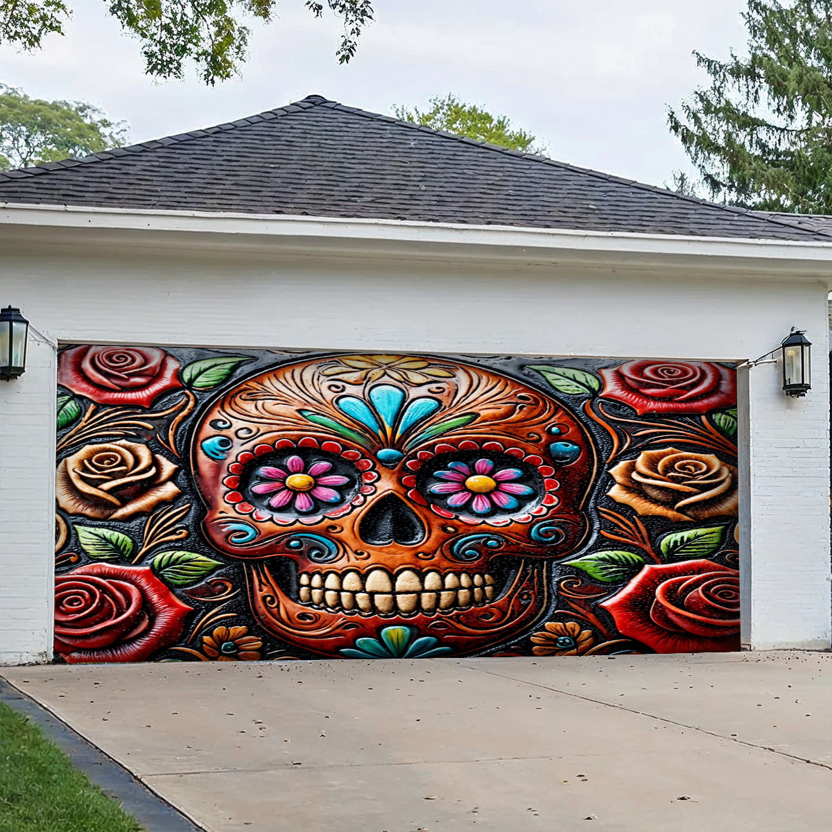 Lorva Garage Door Banner Gorgeous Rose Skull