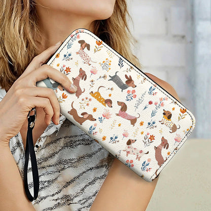 Lorva Dachshund Leather Wallet Happy Field Flowers