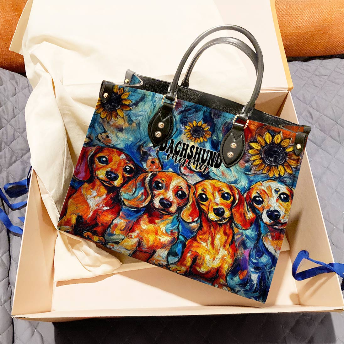 Lorva Dachshund Leather Bag Sunflower Dachshund Mama