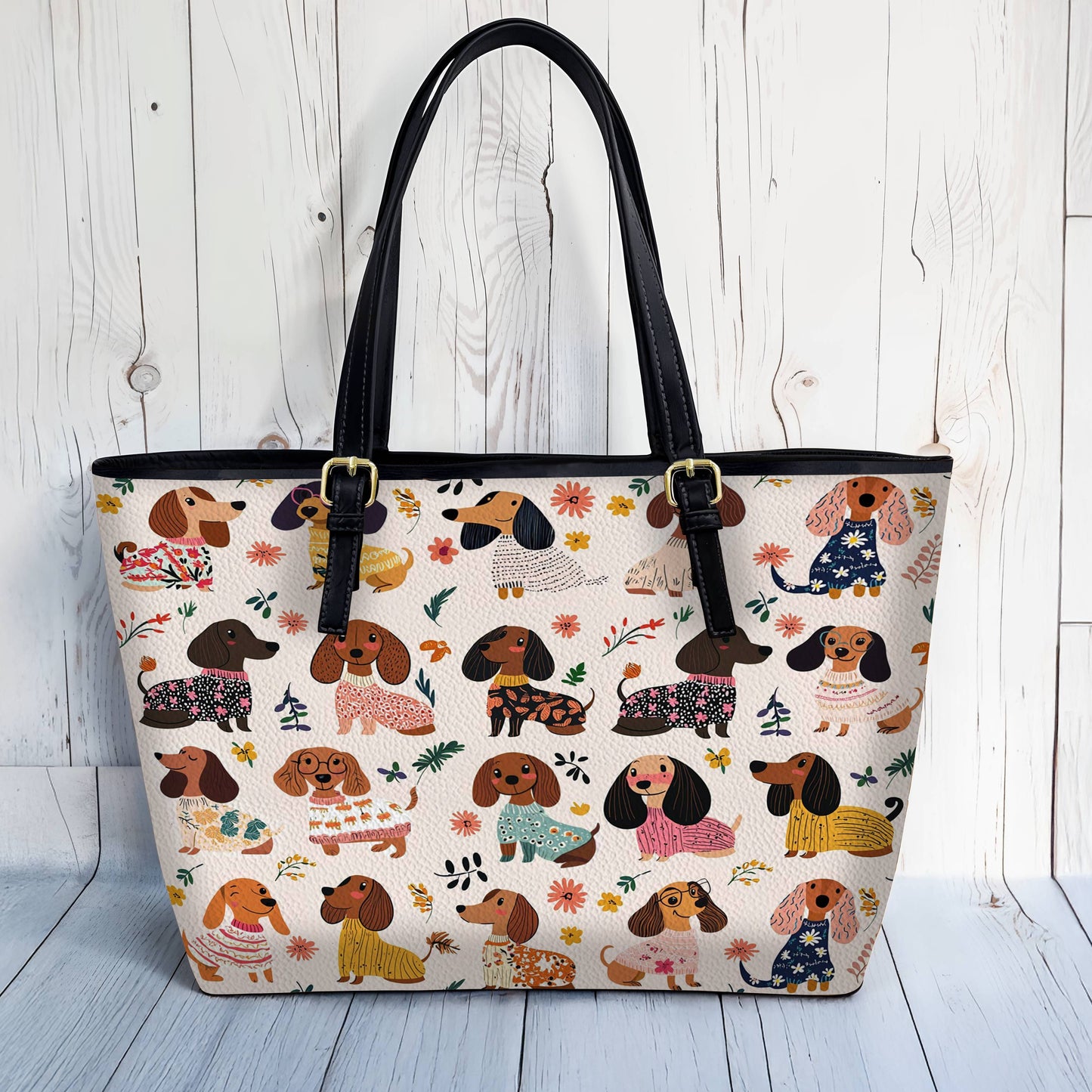 Lorva Dachshund Leather Tote Bag Wagging In Bloom