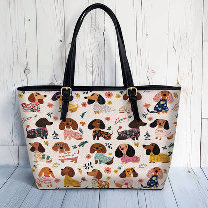 Lorva Dachshund Leather Tote Bag Wagging In Bloom
