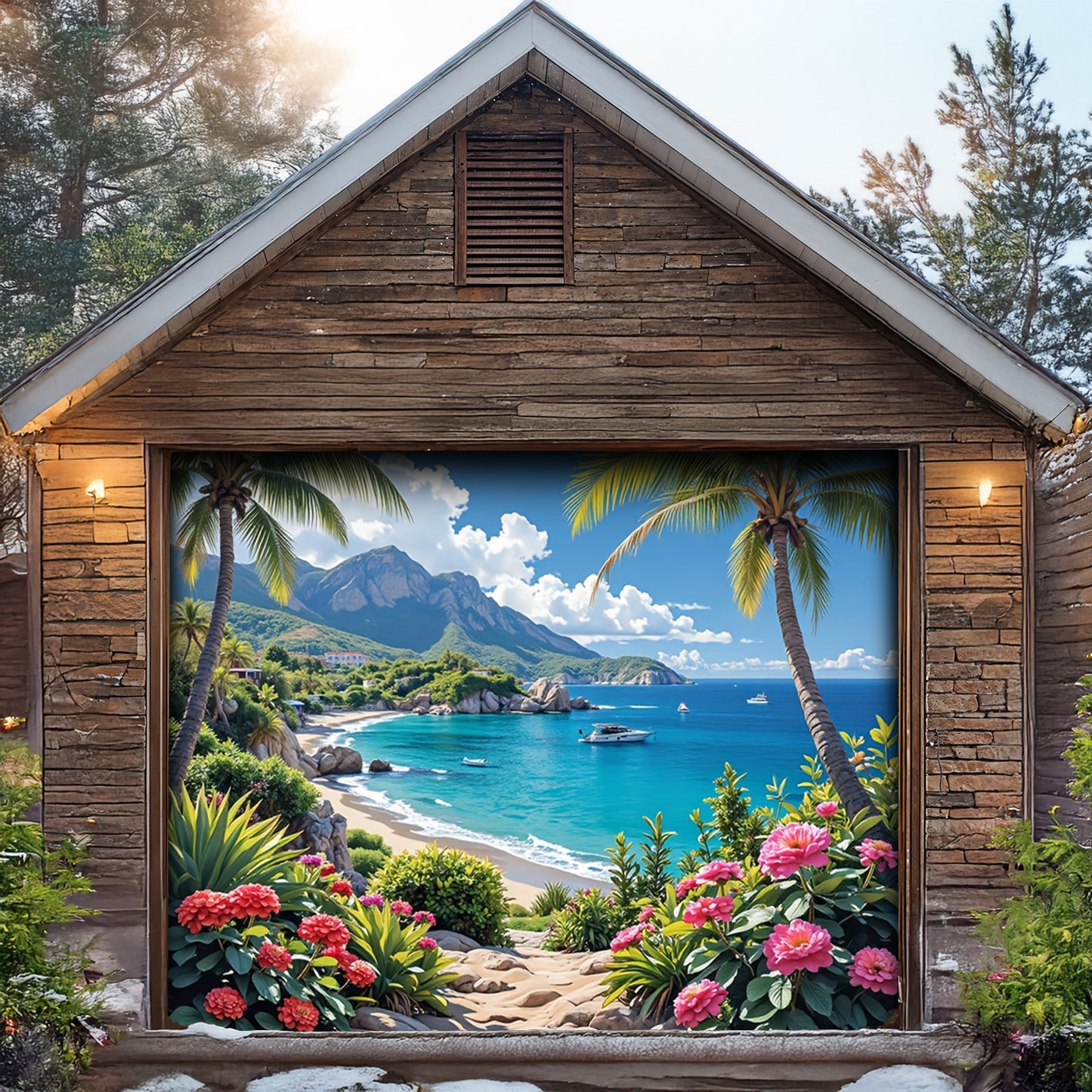 Lorva Garage Door Banner Beautiful Flowers Beach