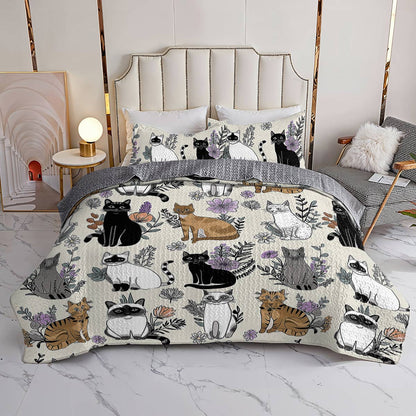 Lorva All Season Quilt 3-Piece Set Whimsical Cats & Florals