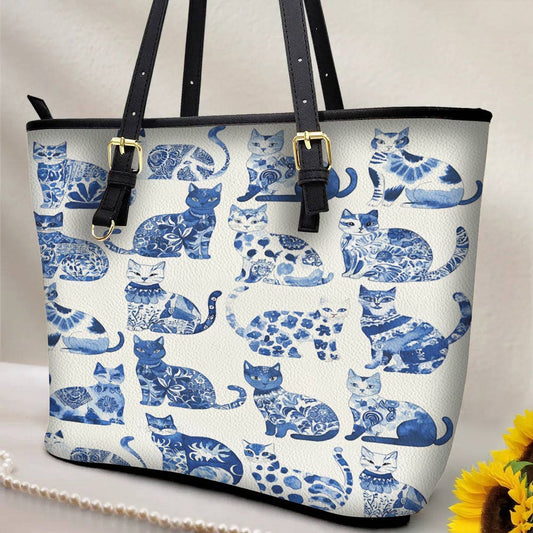Lorva Leather Tote Bag Cerulean Catscape