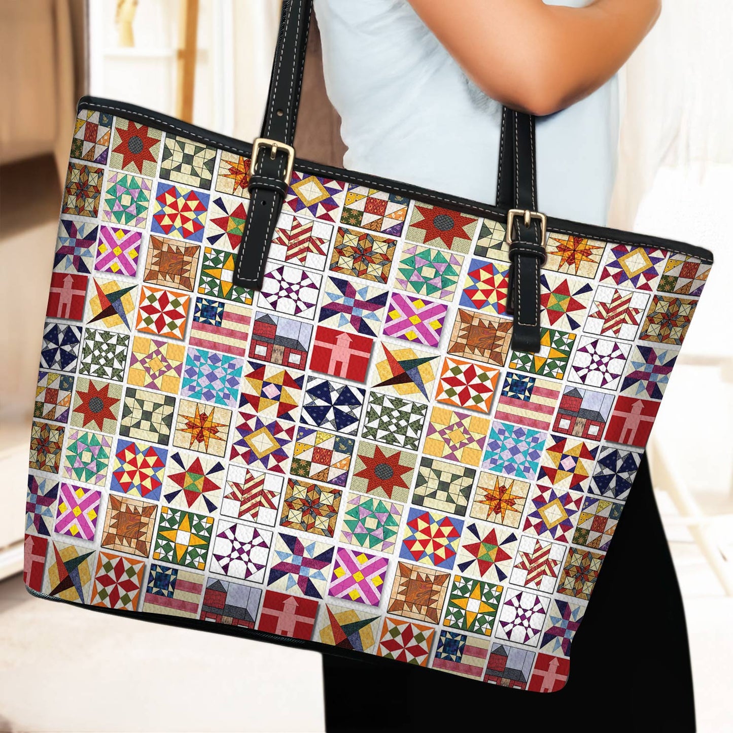 Lorva Leather Tote Bag Beautiful Quilt Block Symphony