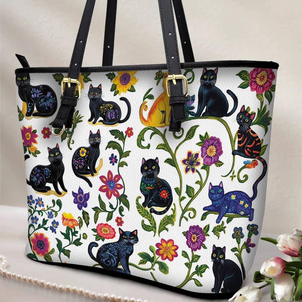 Lorva Leather Tote Bag WhimsiCats Garden