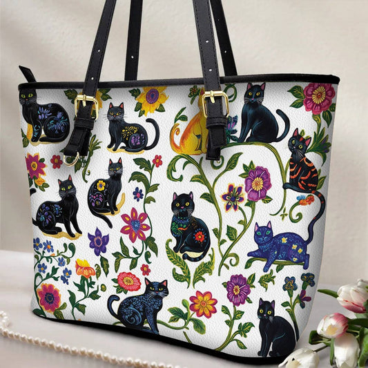 Lorva Leather Tote Bag WhimsiCats Garden
