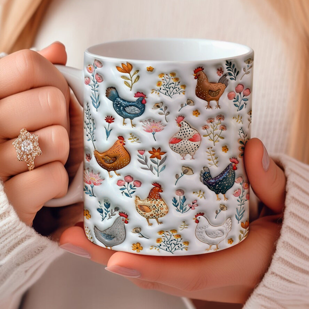 Lorva Flat Print Mug Cute Floral Chickens