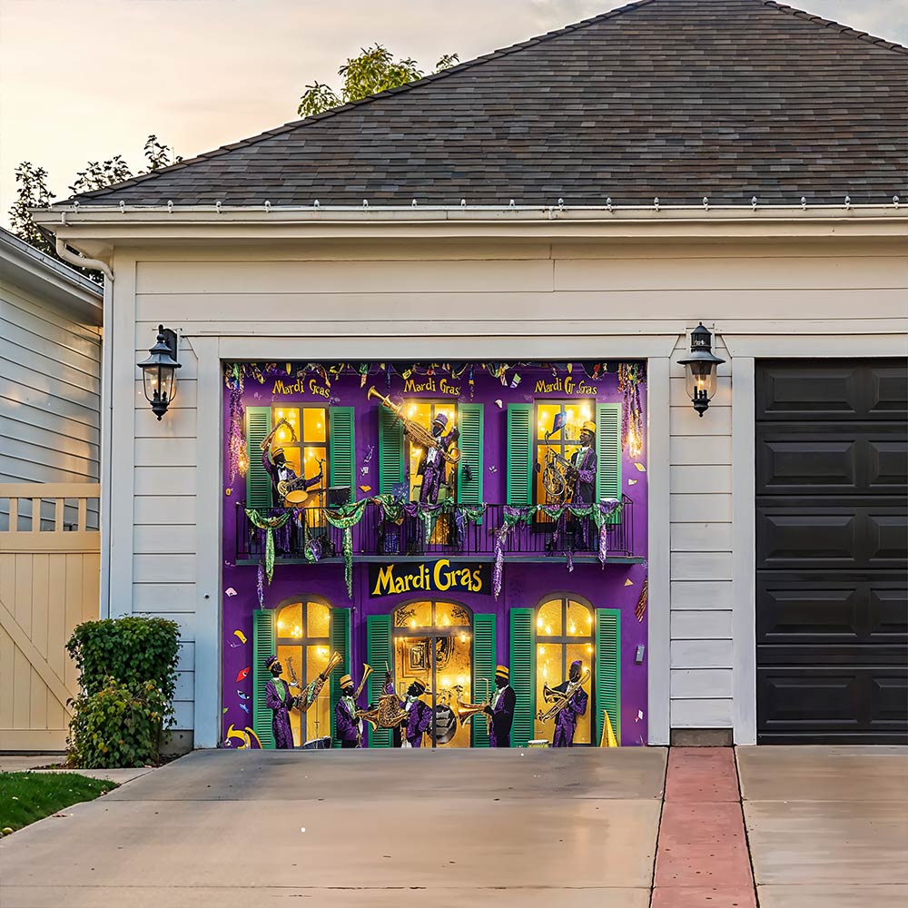 Lorva Garage Door Banner Decoration Mardi Gras Jazz Balcony