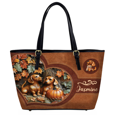 Lorva Personalized Dachshund Leather Tote Bag Fall In Love