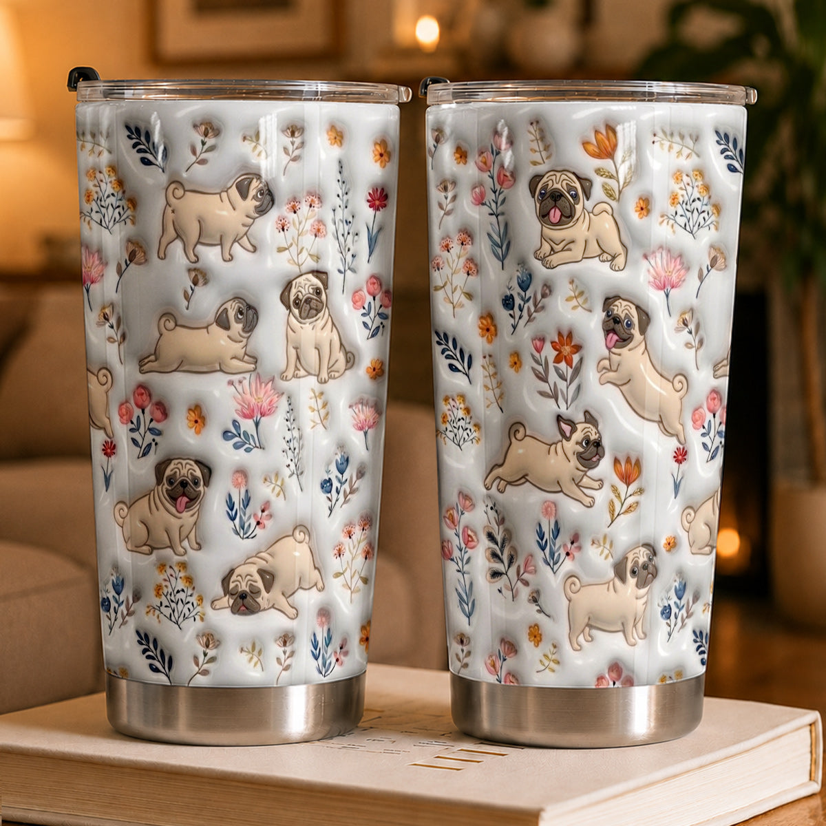 Lorva Pug 20Oz Flat Print Tumbler Happy Field Flowers