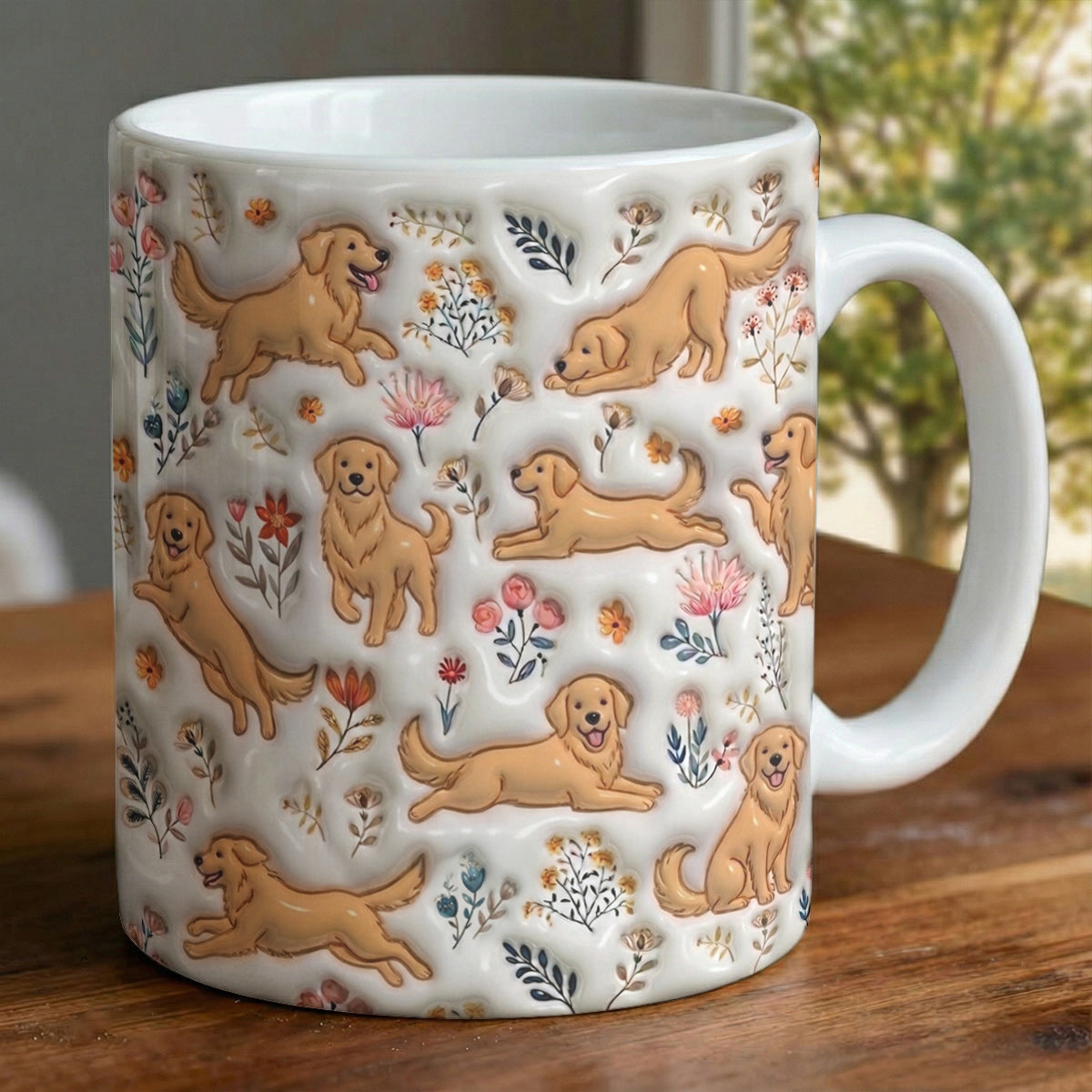 Lorva Golden Retriever Flat Print Mug Happy Field Flowers