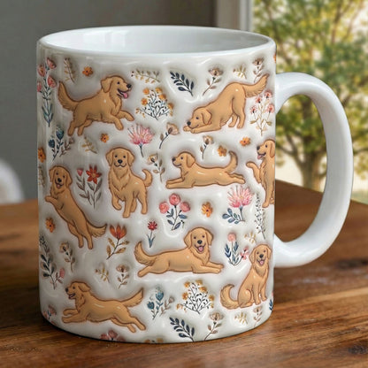 Lorva Golden Retriever Flat Print Mug Happy Field Flowers