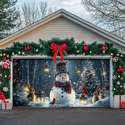 Lorva Christmas Garage Door Banner Decoration Snowman and Forest Companions in a Lantern Lit Winter Scene