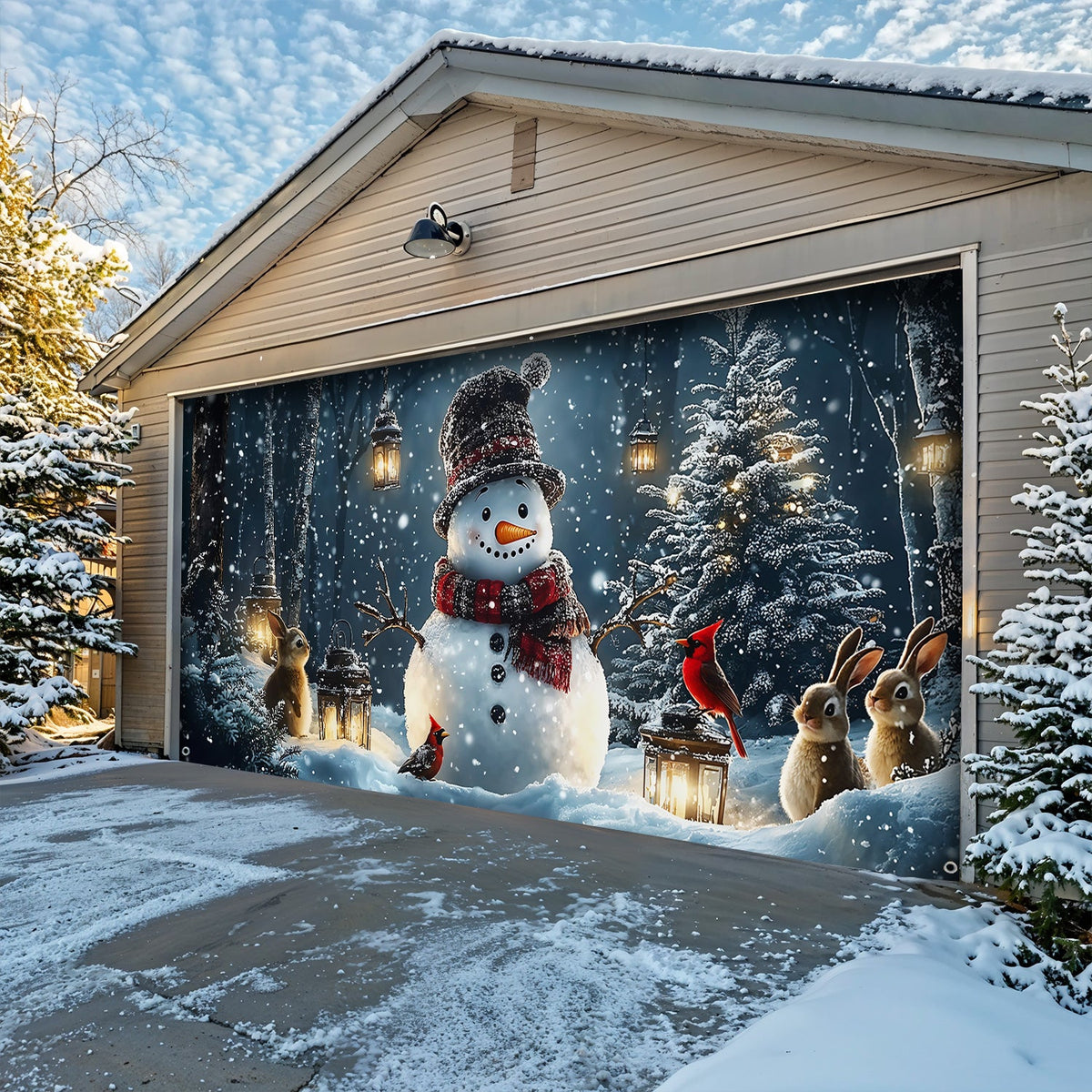 Lorva Christmas Garage Door Banner Decoration Snowman and Forest Companions in a Lantern Lit Winter Scene
