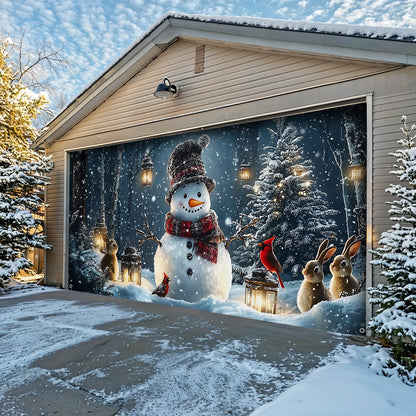 Lorva Christmas Garage Door Banner Decoration Snowman and Forest Companions in a Lantern Lit Winter Scene