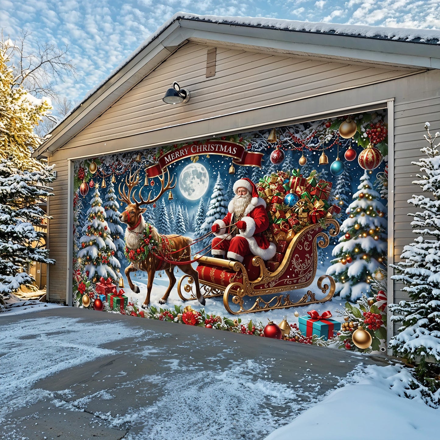 Lorva Christmas Garage Door Banner Decoration Santa’s Sleigh Ride Spreading Cheer on a Winter’s Eve