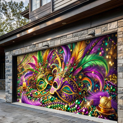 Lorva Mardi Gras Garage Door Banner Decoration Opulent Feather Masque